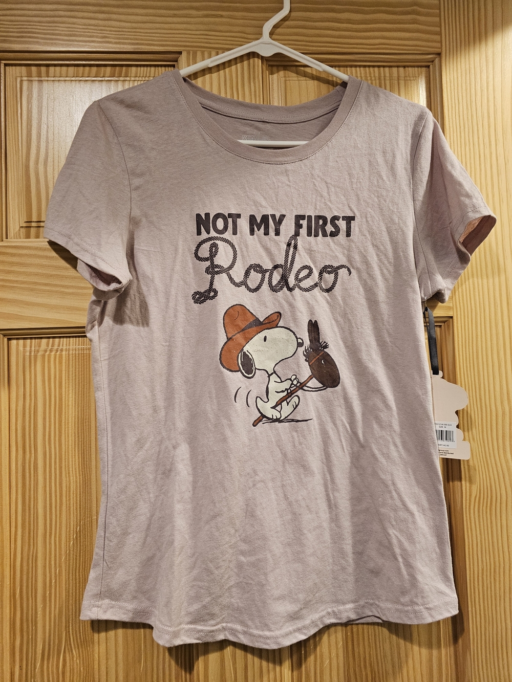 Snoopy Not My First Rodeo Juniors Medium Tee Lavender Western Cowboy NWT Peanuts